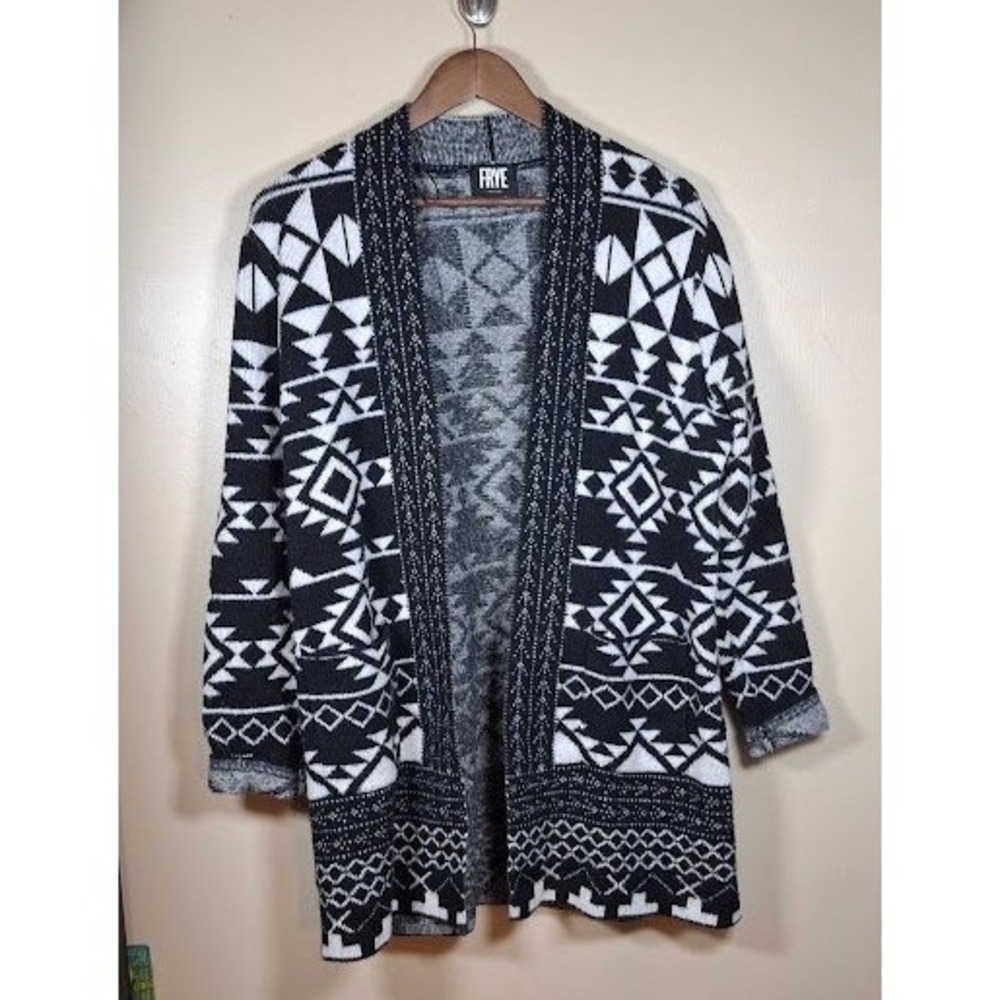 Frye Womens Black White Geometric Tribal Open Front Cardigan Sweater Size M